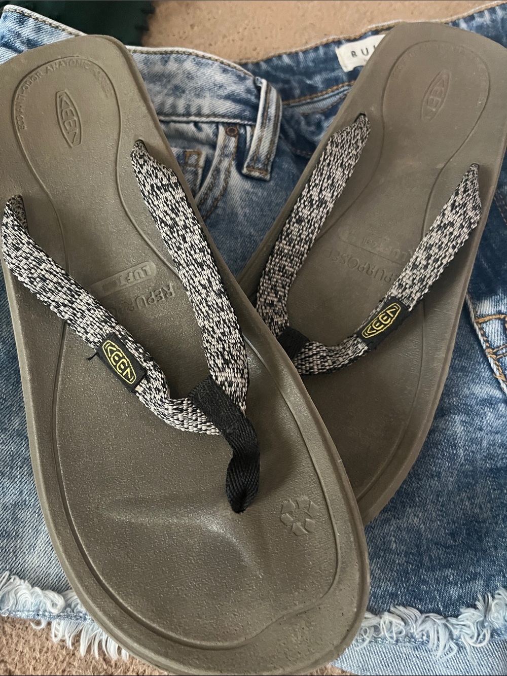 Keen Olive Green Flip Flops with Black & White Straps